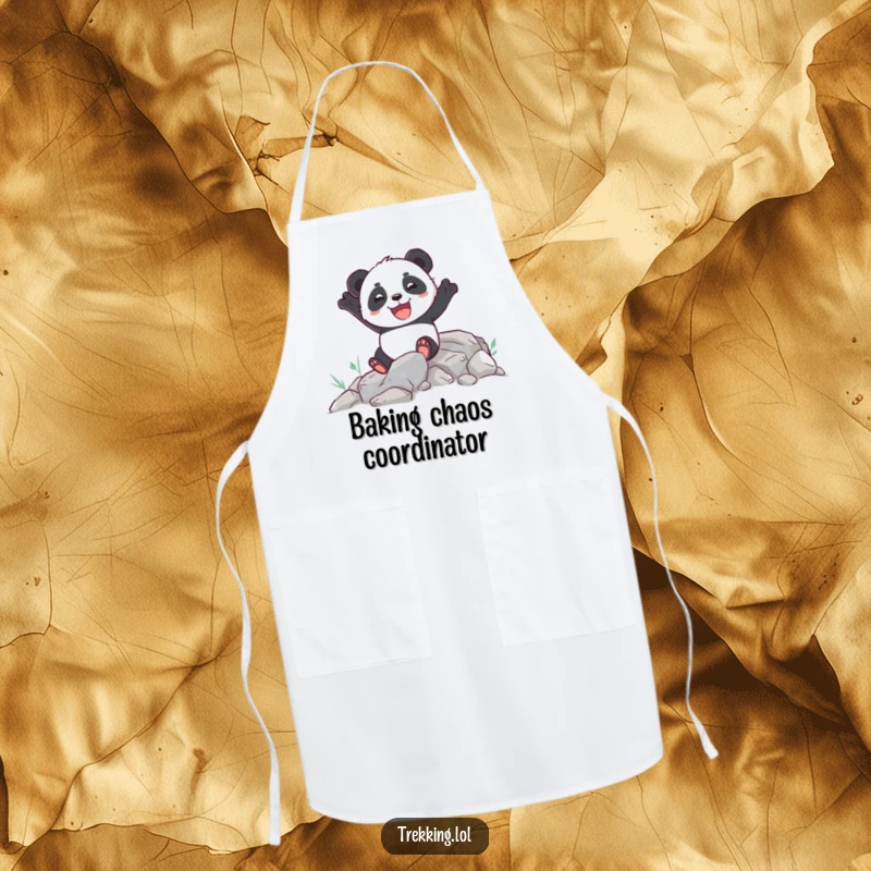 Funny apron with an enthusiastic panda joyfully navigating a rocky path, great for kitchen use.