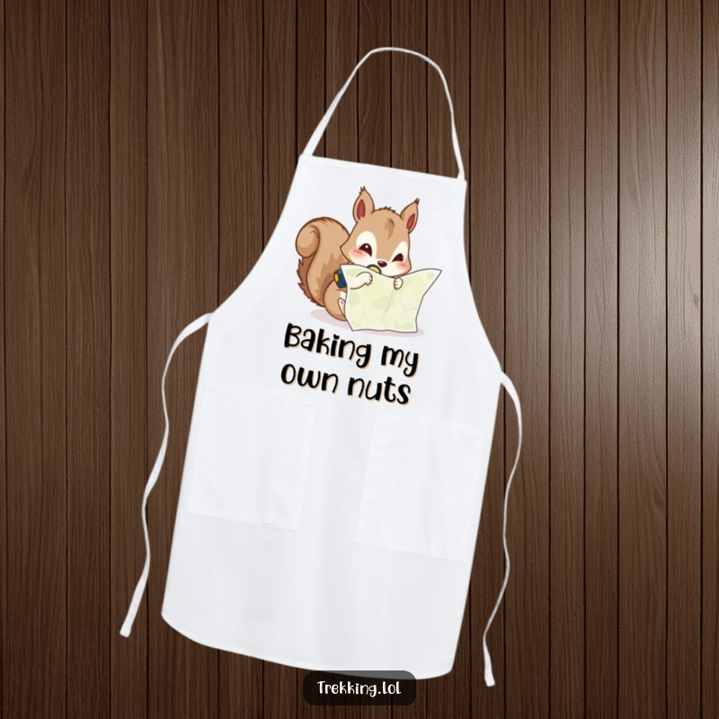 Funny apron with a curious squirrel peering at a map with a headlamp, ready to guide culinary adventures.