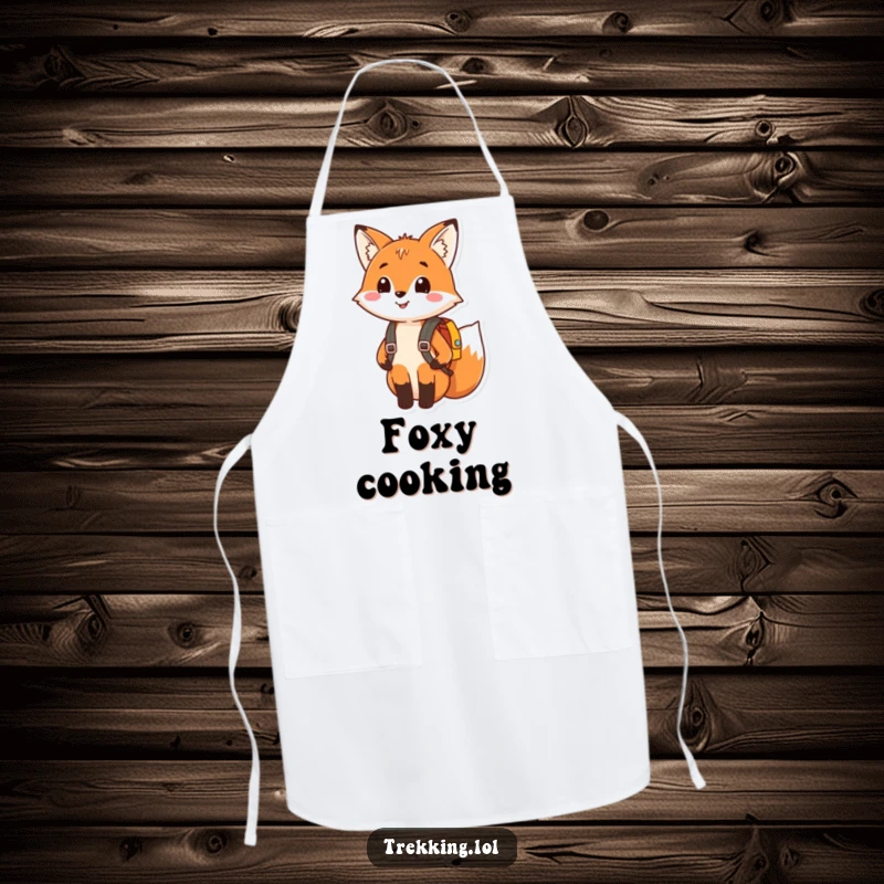 Funny apron featuring a happy fox smiling and wearing a tiny backpack, suitable for kitchen adventures and woodland themes.