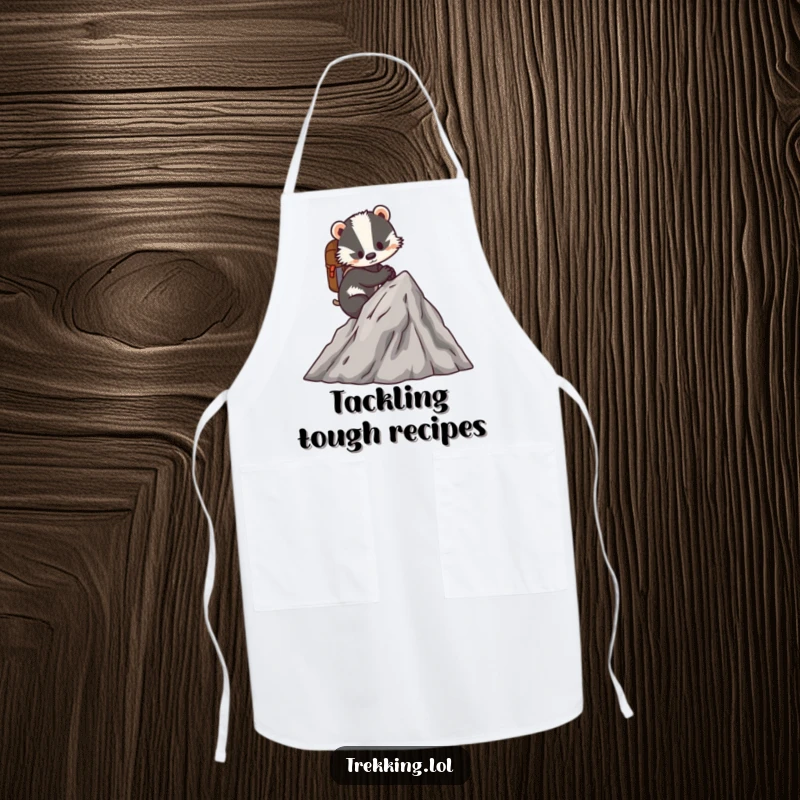 Funny apron with a determined badger scaling a miniature mountain with a tiny backpack, perfect for kitchen adventurers.
