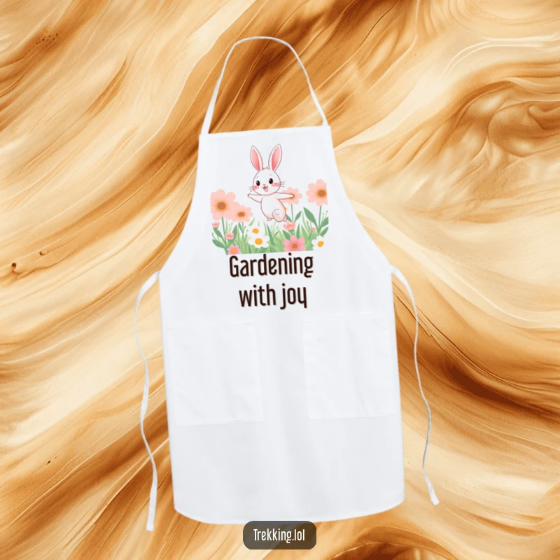 Funny apron featuring a cheerful bunny bounding through a field of giant flowers, ideal for cooking or baking with a splash of fun.