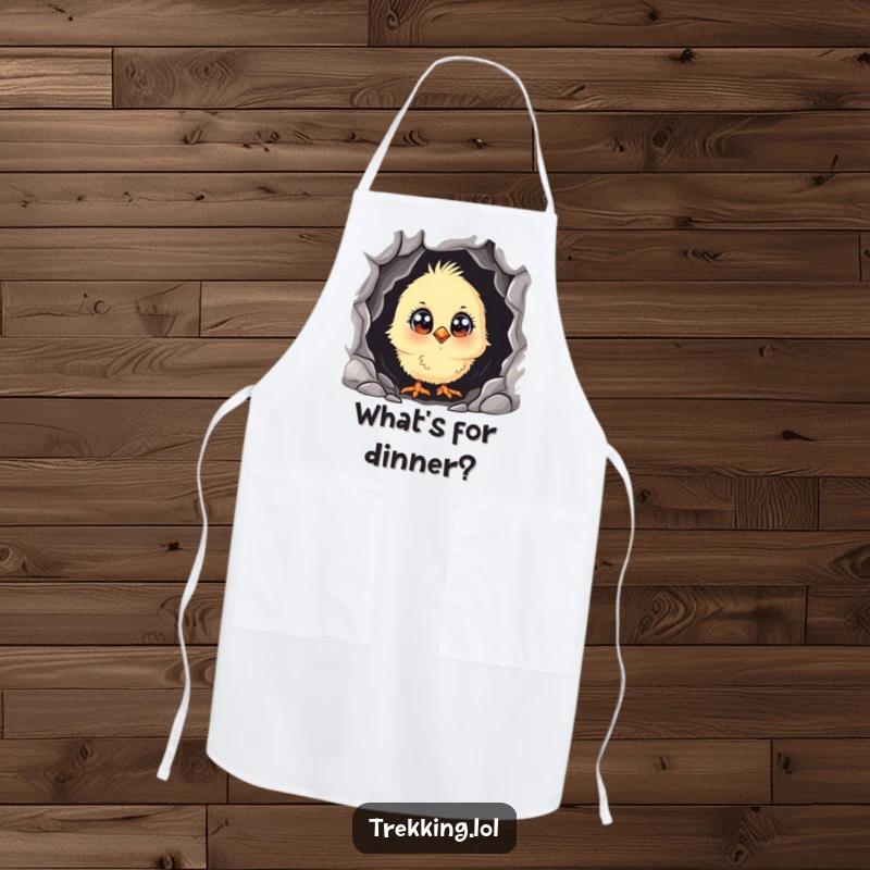 Funny curious chick with wide eyes, peeking into a dark cave, printed on a practical apron for humorous kitchen exploration.