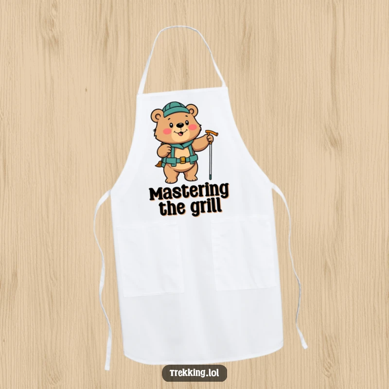 Funny determined bear enthusiastically using hiking poles on an apron, kitchen determination humor.