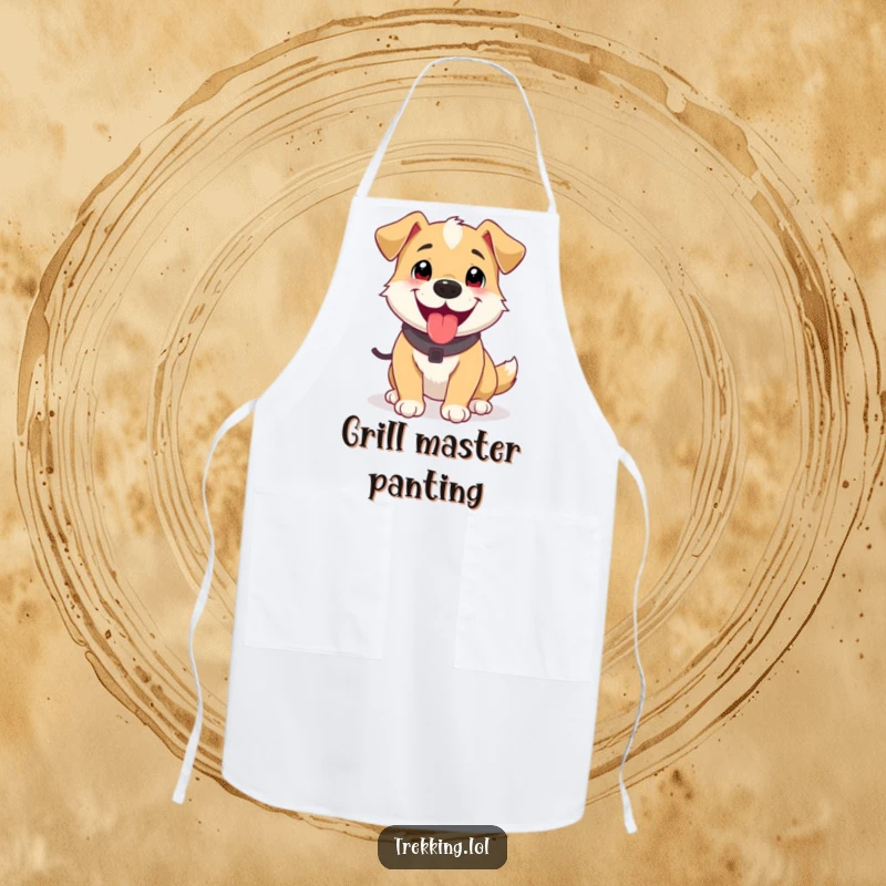 Funny apron with a happy dog panting after a short trek, ideal for adding humor and personality to cooking and baking tasks.