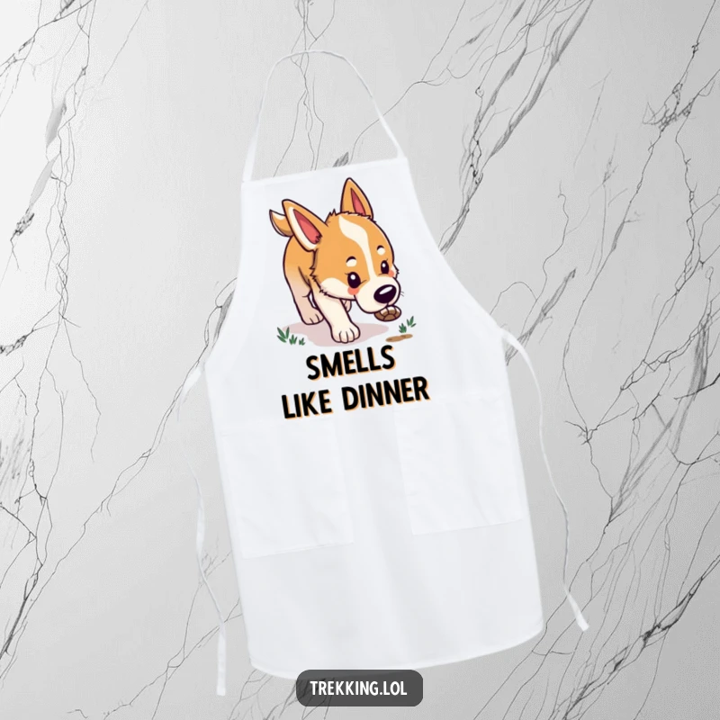 Funny apron depicting a happy dog with its nose to the ground, focused on tracking, ready to tackle kitchen tasks with enthusiasm.
