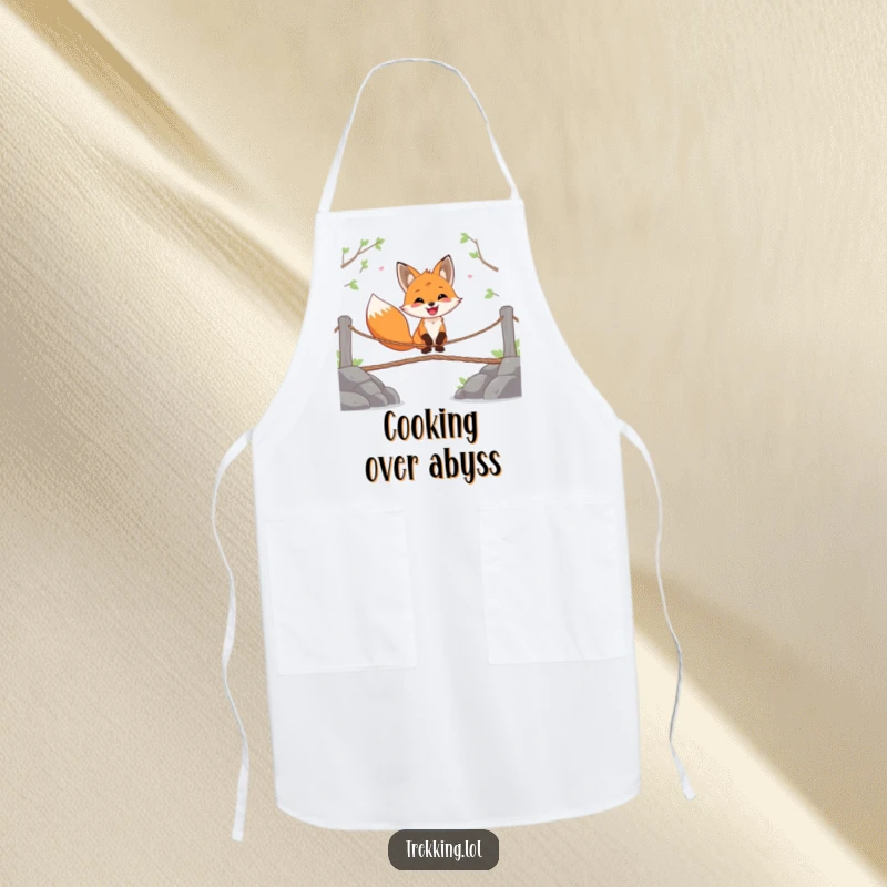 Funny apron with a happy fox gleefully crossing a wobbly rope bridge, perfect for kitchen adventurers.