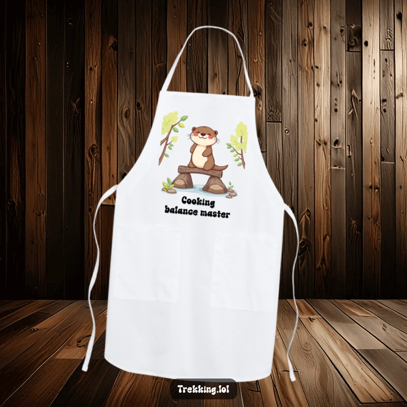 Funny joyful otter balancing on a narrow log, featured on a kitchen apron, practical and amusing.