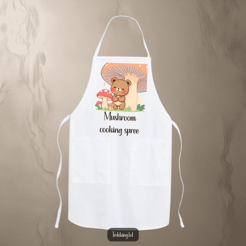 Funny bear lost among giant mushrooms, featured on a kitchen apron, practical and amusing.