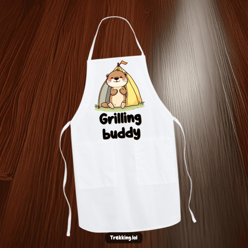 Funny apron featuring a playful otter enthusiastically pitching a tent, suitable for kitchen fun and outdoor themes.