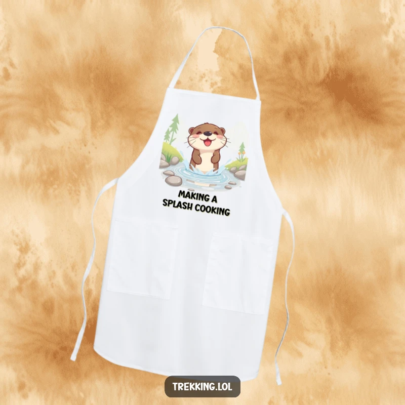 Funny apron with a happy otter splashing playfully in a shallow mountain stream, ideal for cooking or messy activities.