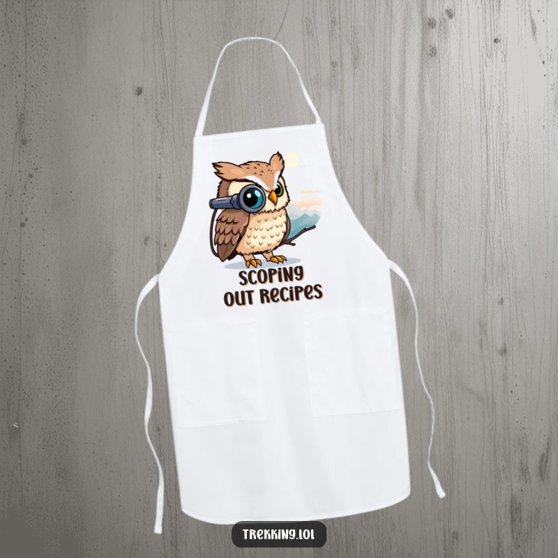 Funny owl using binoculars to spot ingredients, ready to create culinary masterpieces, on a funny kitchen apron.