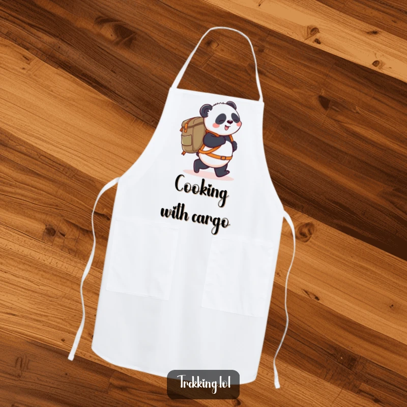 Funny Apron: A playful panda chef stumbles slightly forward carrying a giant backpack, adding humorous adventure to kitchen tasks.