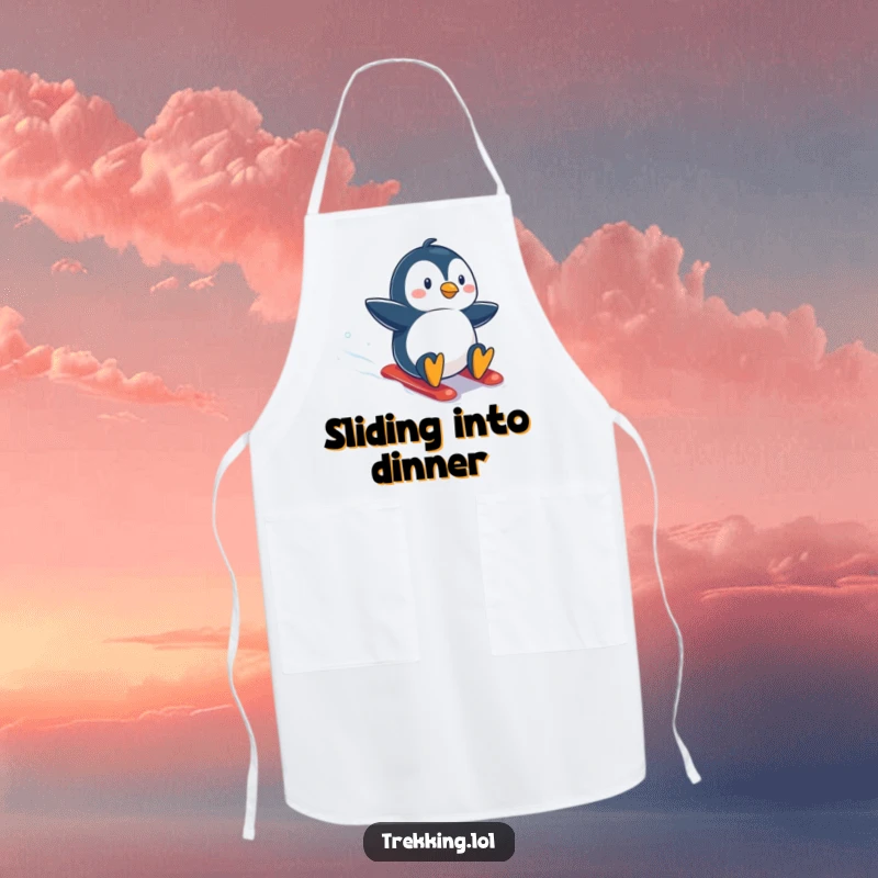 Funny apron featuring a penguin sliding down a snowy slope, ready for kitchen duty with a determined and excited expression.