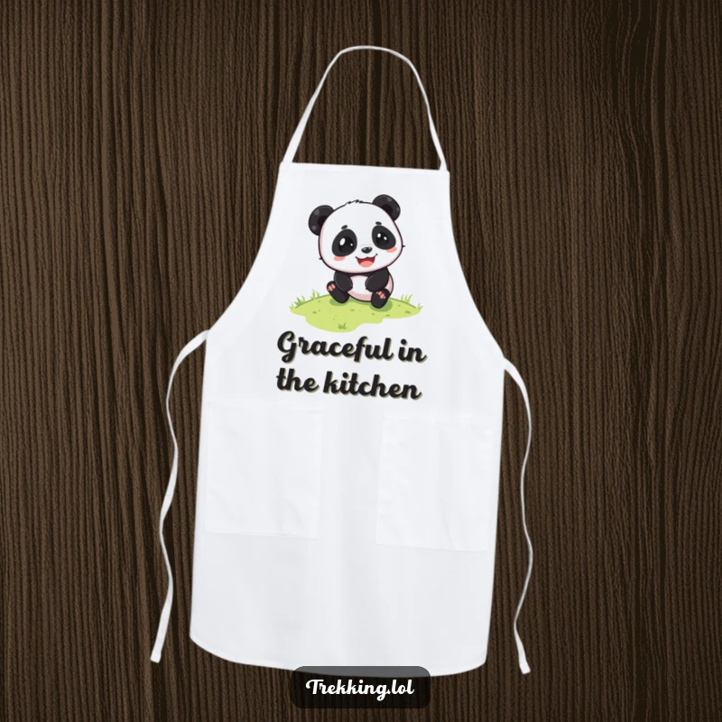 Funny panda apron showing a playful panda sliding down a grassy slope with pure glee. Perfect for joyful kitchen activities.