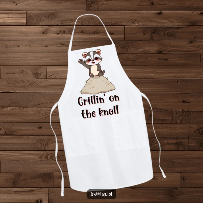 Funny Apron with an energetic badger cheerfully waving from a hilltop, making cooking and baking a delightful and humorous experience.
