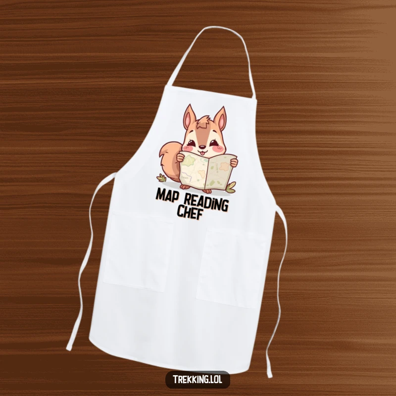 Funny apron featuring a smiling squirrel character glancing at a map, perfect for kitchen adventures and humorous cooking.