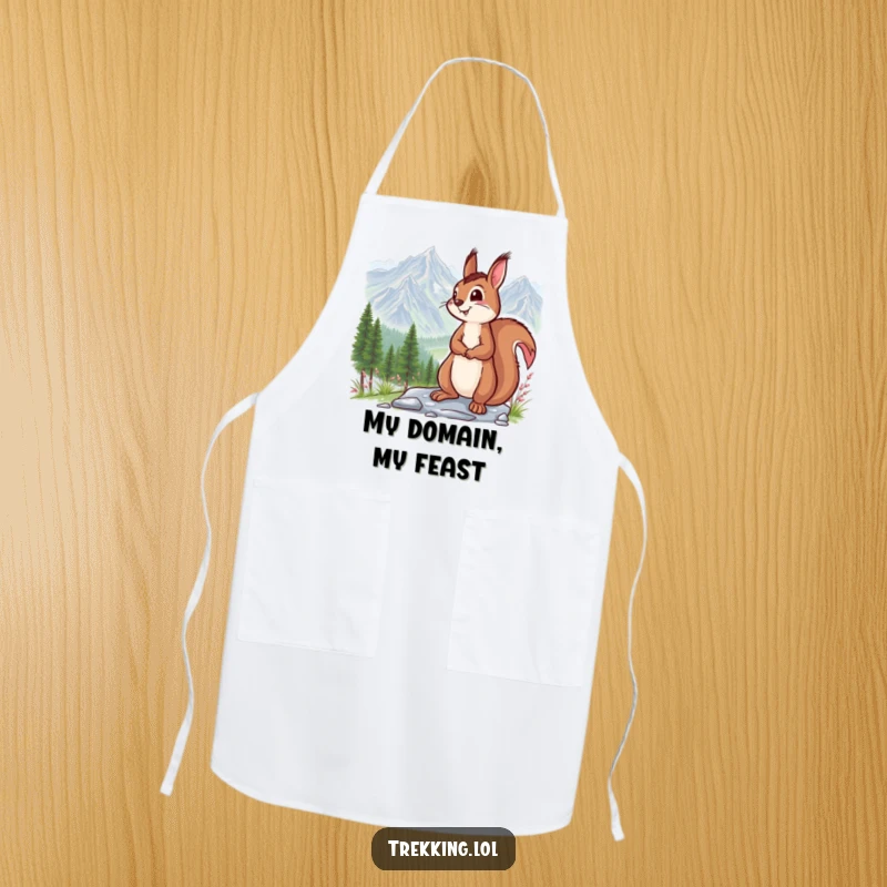 Funny apron displaying a smiling squirrel admiring a stunning mountain vista, ideal for cooks who enjoy humor and the outdoors.