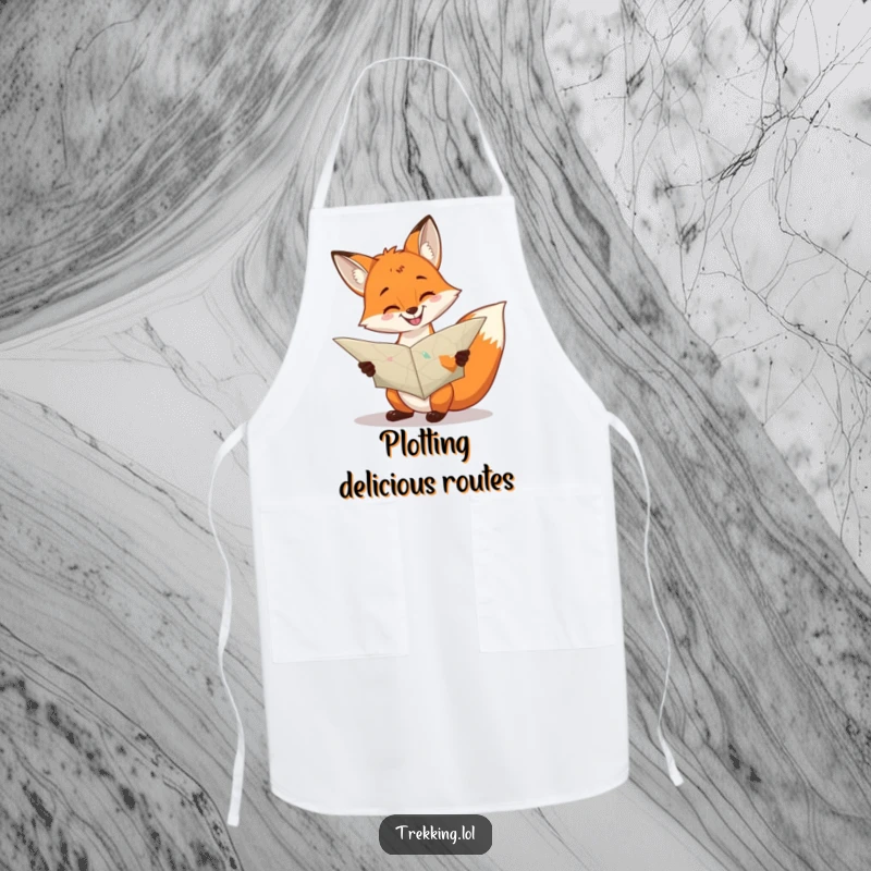 Funny cheerful fox consulting a large, unfolded map with a grin on an apron, kitchen navigation humor.
