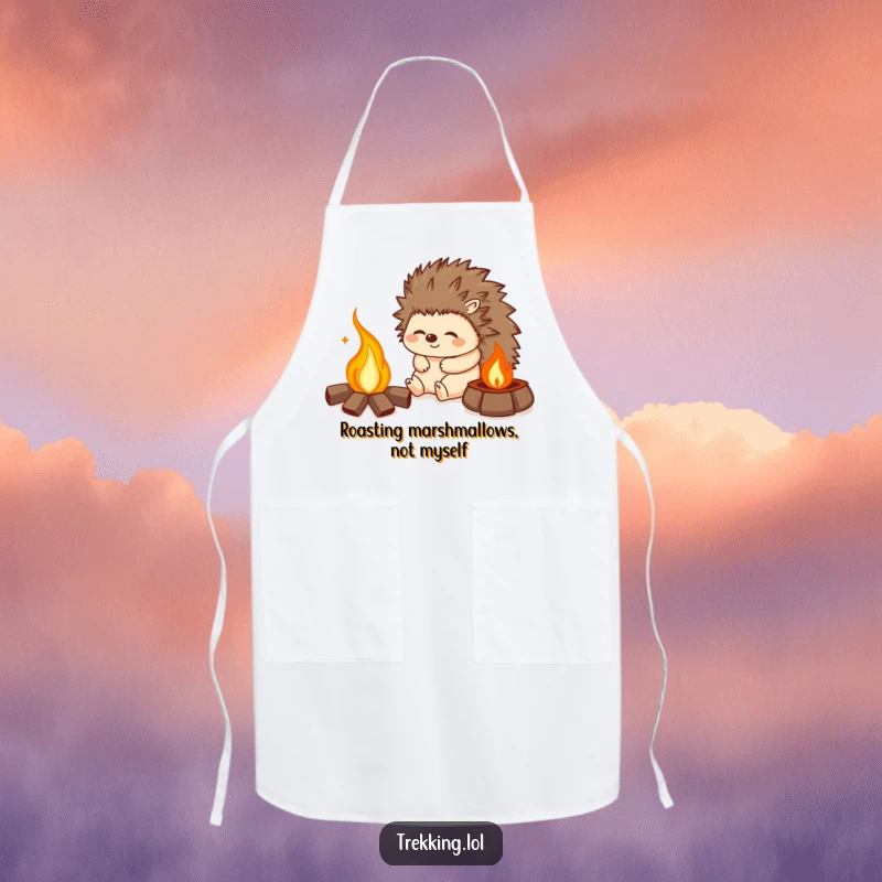 Funny apron with a happy hedgehog sighing contentedly by a campfire, perfect for cooking and kitchen activities.