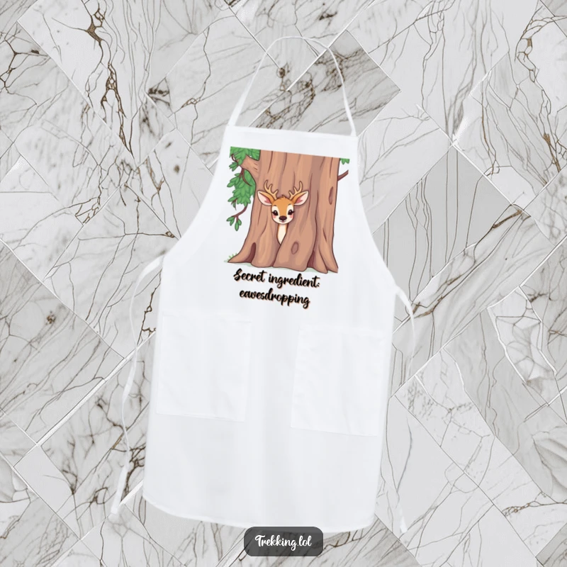 Funny apron with a delighted deer peeking curiously from behind a tree, great for kitchen use.