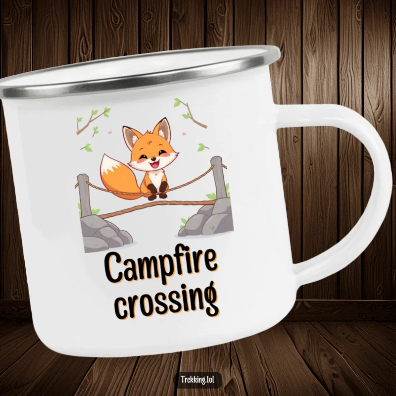 Funny camping mug with a happy fox gleefully crossing a wobbly rope bridge, perfect for outdoor adventurers.