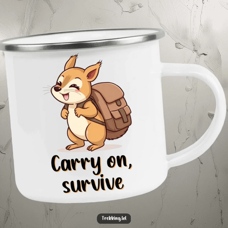 Funny giggling squirrel carrying a ridiculously oversized backpack uphill on a camping mug, outdoor humor.