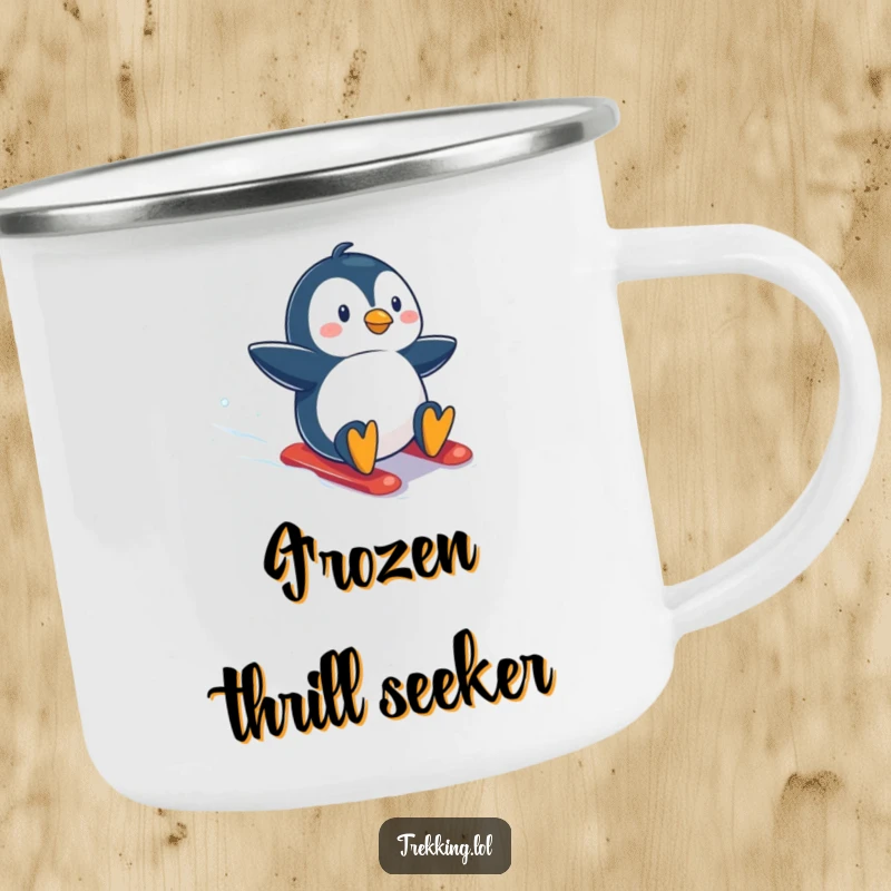 Funny camping mug featuring a penguin joyfully snowboarding down a steep snowy slope, perfect for outdoor enthusiasts who love humor.