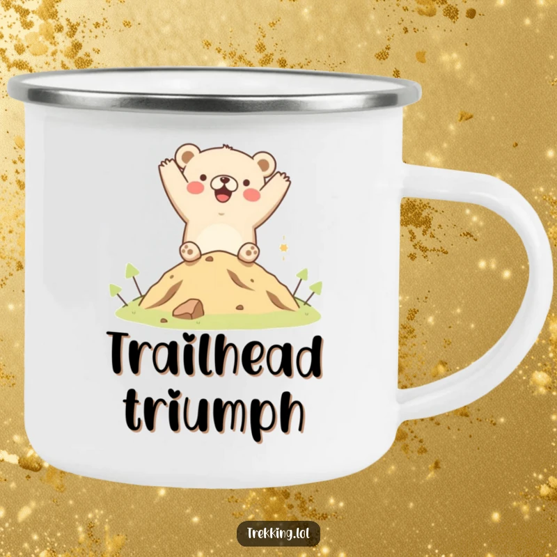 Funny camping mug with a happy bear cheering triumphantly after climbing a small hill, designed for outdoor enthusiasts who love humor.