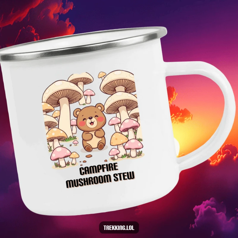 Funny camping mug with a giggling bear navigating a maze of giant mushrooms, perfect for enjoying drinks during outdoor activities.