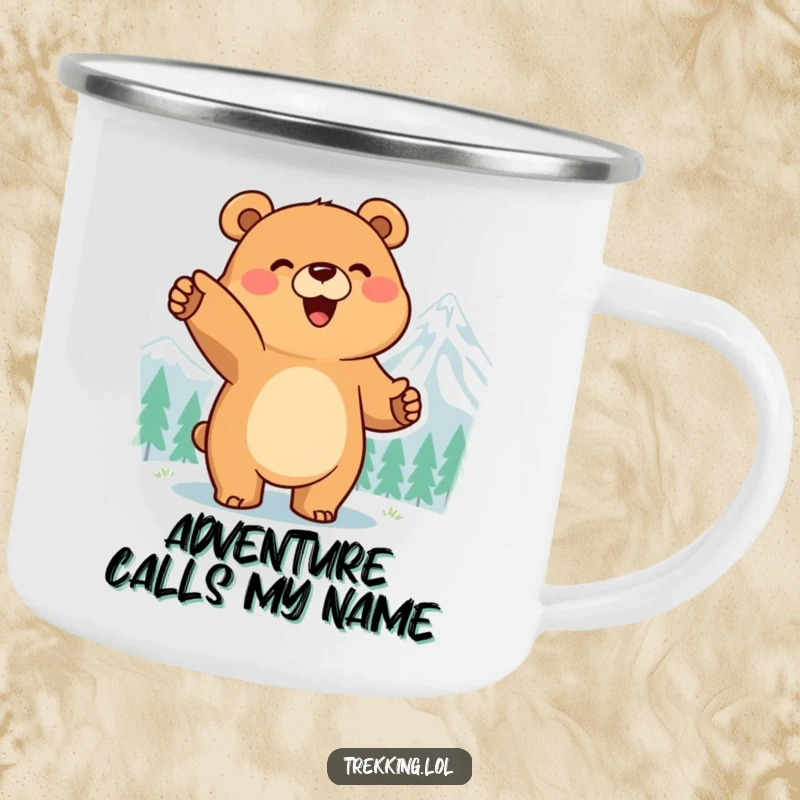Funny camping mug showing a smiling bear pointing excitedly at a distant mountain peak, perfect for outdoor enthusiasts.