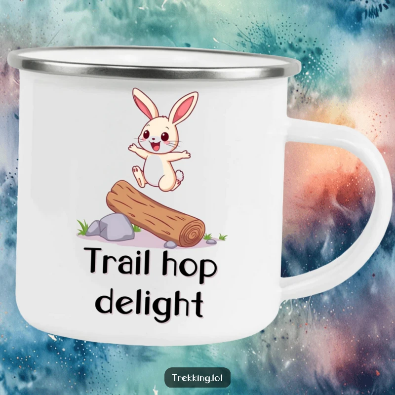 Funny Camping Mug: A cheerful bunny hops over a fallen log with joyful energy, ideal for enjoying beverages during outdoor adventures.