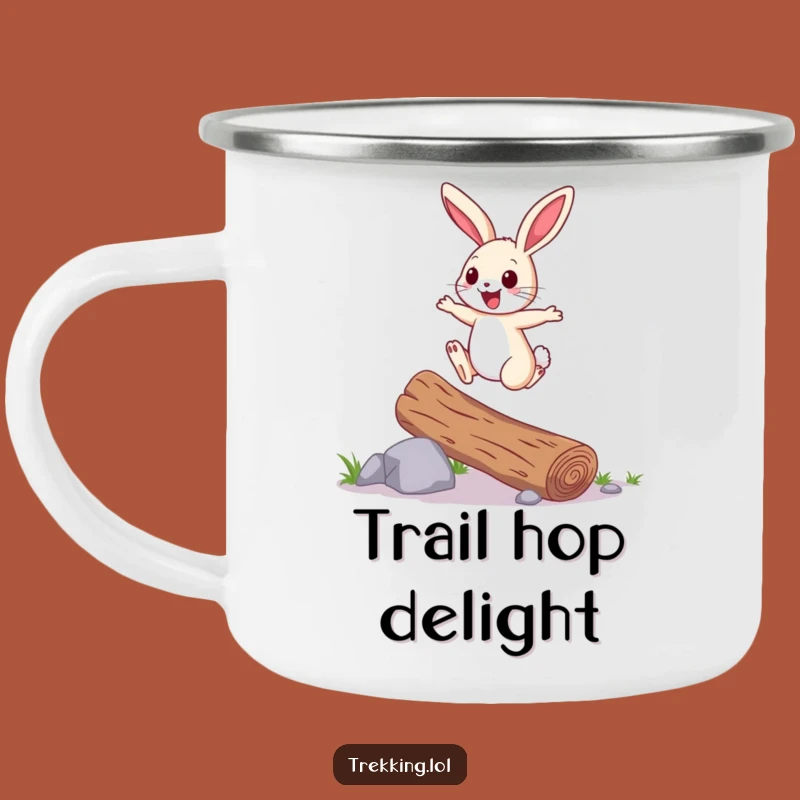 Funny Bunny Camping Mug: Hopping Bunny Over Logs for Outdoor Fun