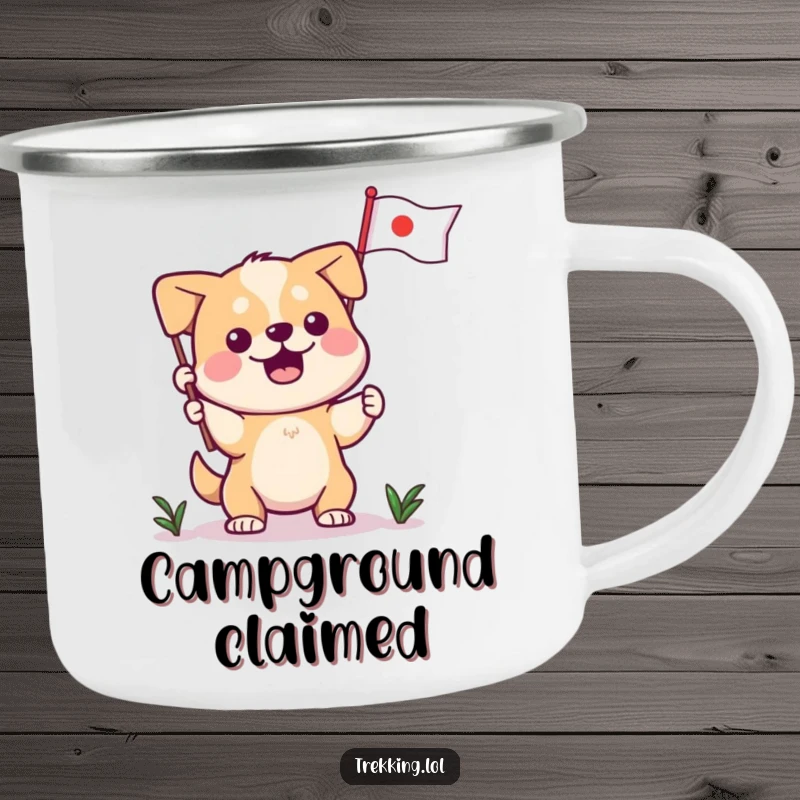 Funny dog camping mug, a determined dog plants a flag in the wilderness, celebrating outdoor achievements.