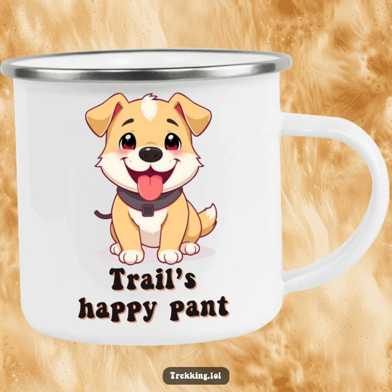 Funny camping mug showing a happy, panting dog after a short trek, designed for dog lovers who enjoy outdoor activities and humor.