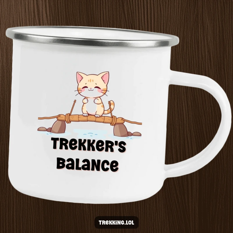 Funny enamel camping mug with a giggling cat character traversing a shaky rope bridge, ideal for outdoor humor.