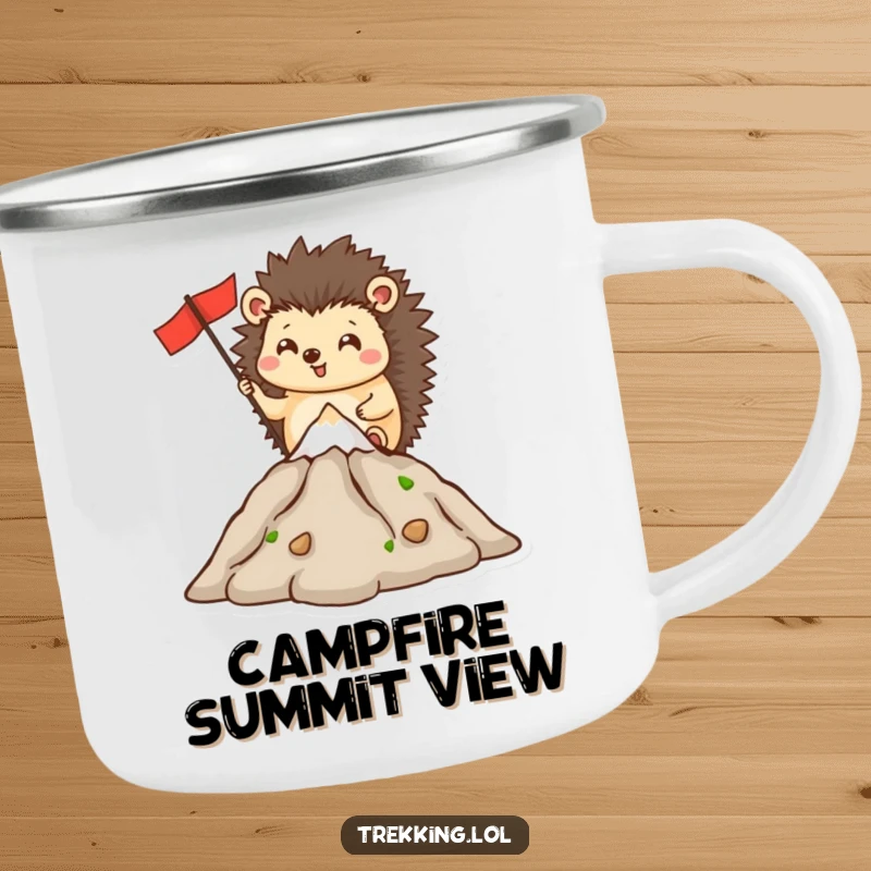 Funny enamel camping mug with a happy hedgehog planting a flag on a small mountain, perfect for outdoor humor.