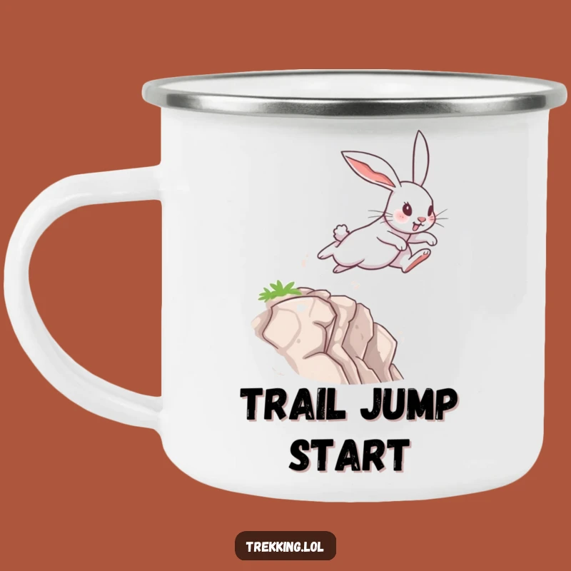Funny Rabbit Leap Camping Mug: Rugged Bunny's Chasm Jump Adventure, Great Funny Gift
