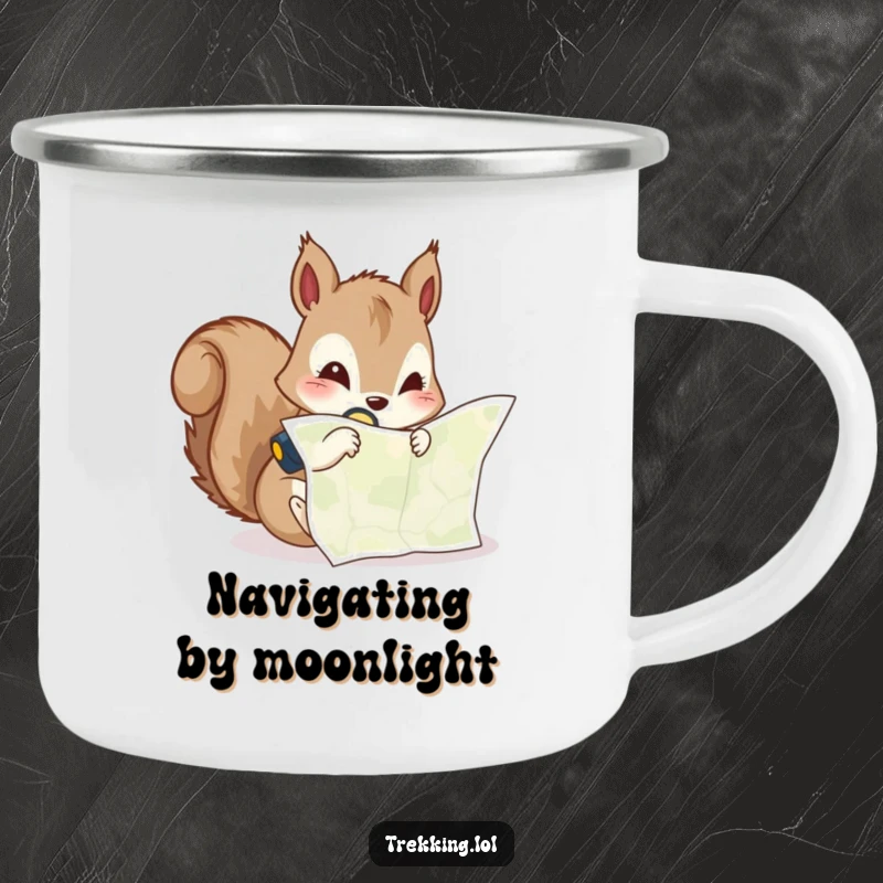 Funny camping mug showing a curious squirrel peering at a map with a headlamp, perfect for outdoor explorers.