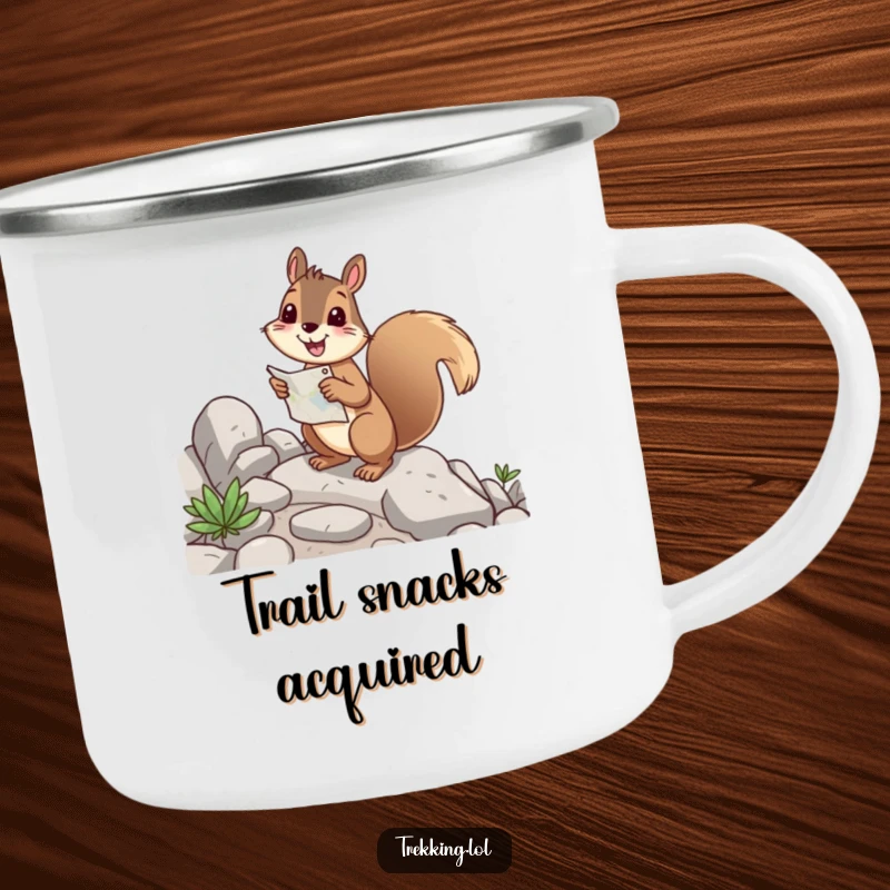 Funny squirrel camping mug showing a cheerful squirrel with a map, happily navigating a rocky path, perfect for outdoor use.