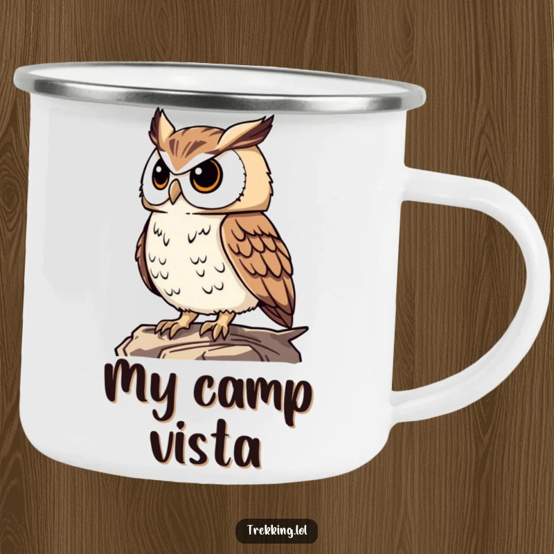 Funny proud owl surveying the landscape from a high vantage point, on a sturdy camping mug for humorous outdoor contemplation.