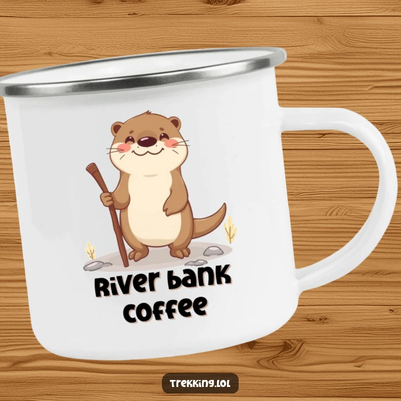 Funny otter walking stick camping mug with a smiling otter using a stick as a walking aid on uneven terrain, ideal for outdoor drinks.