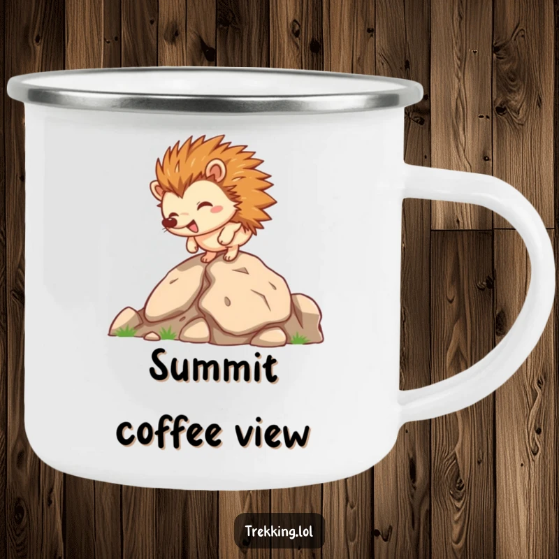 Funny hedgehog camping mug, a happy hedgehog character climbing a rocky terrain during an outdoor adventure.