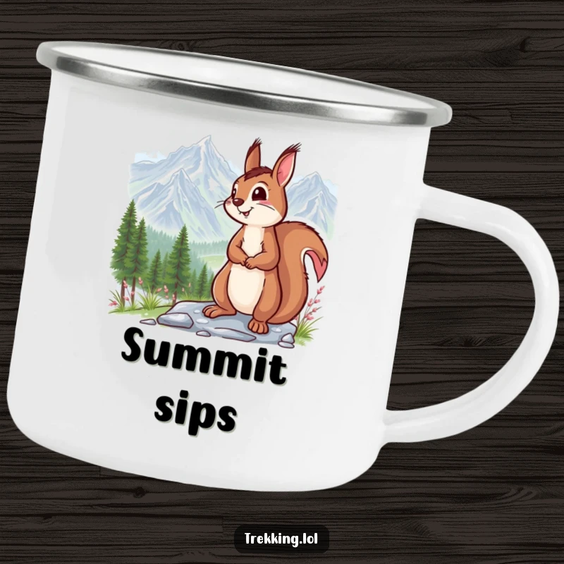 Funny camping mug showing a smiling squirrel admiring a grand mountain vista, ideal for enjoying drinks in the great outdoors.