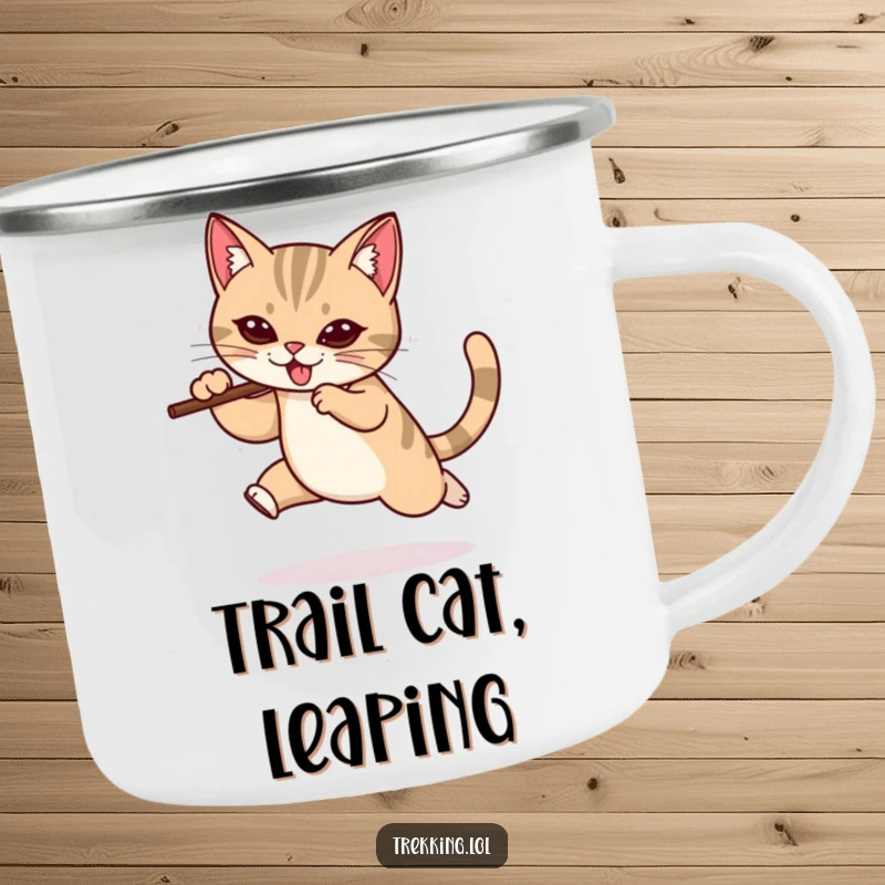 Funny camping mug showing a determined cat leaping with a walking stick, designed for those who love humor and outdoor activities.