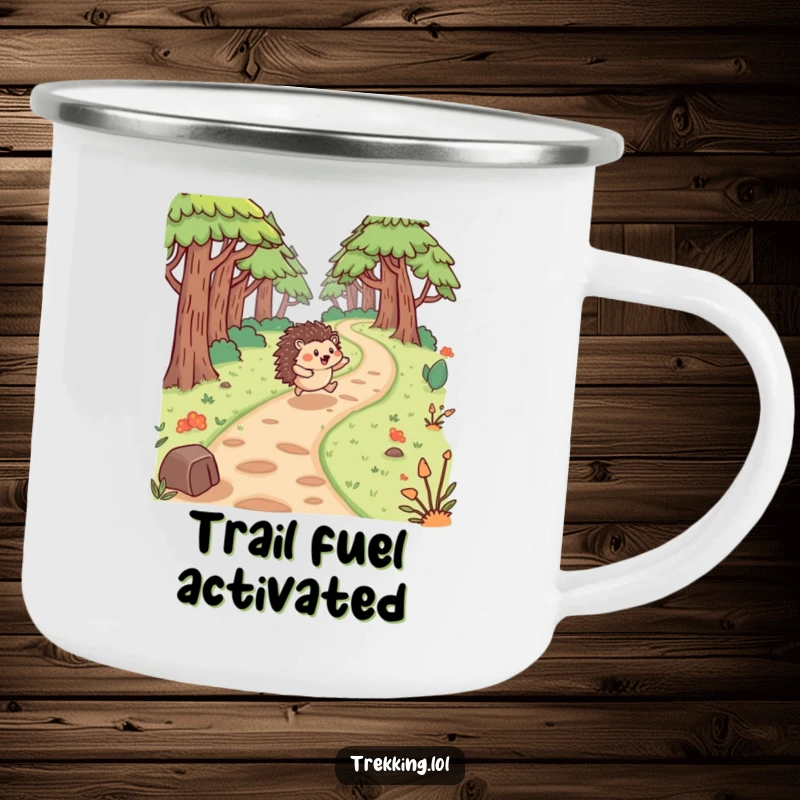 Funny hedgehog camping mug showing a joyful hedgehog Bouncing along a winding forest path, ready for outdoor adventure.