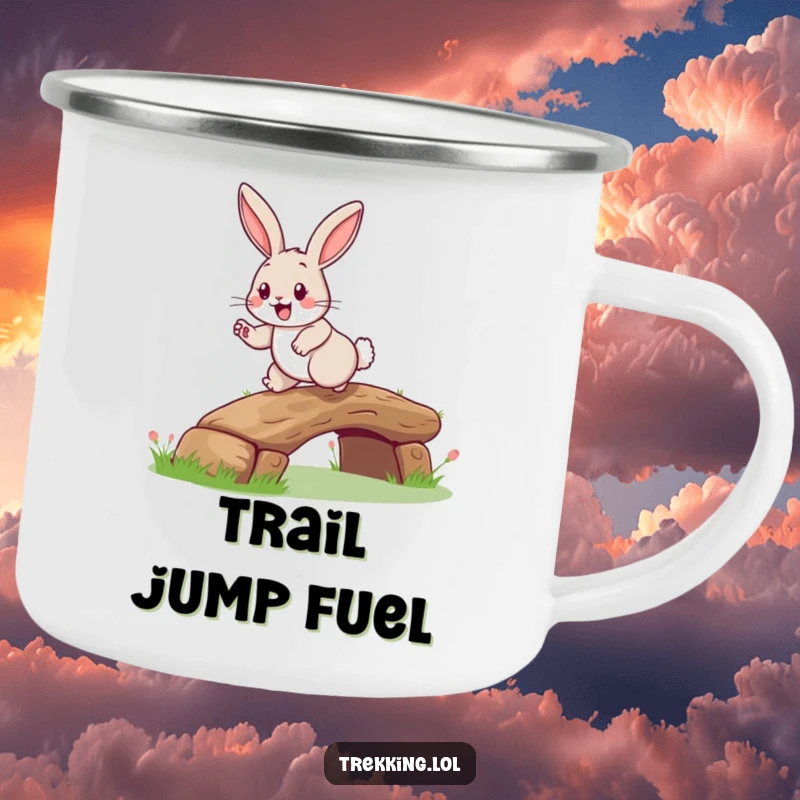 Funny rabbit log bridge camping mug with a happy rabbit and a grin, hopping over a small log, ideal for outdoor drinks.