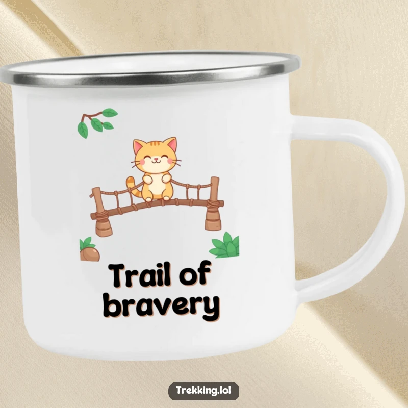 Funny camping mug featuring a smiling cat character crossing a rickety rope bridge, great for outdoor beverages and brave moments.