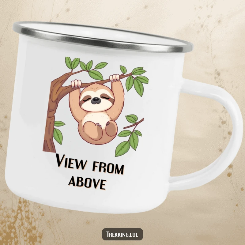 Funny enamel camping mug showing a sleepy sloth hanging from a branch, enjoying a serene view, for outdoor use.