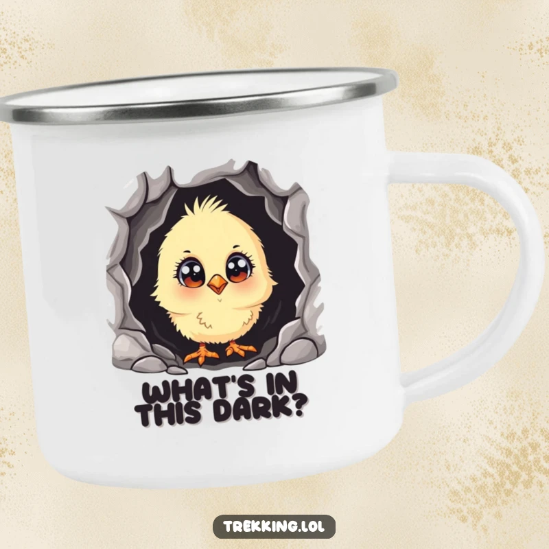 Funny curious chick peeking into a dark cave with wide eyes, on a sturdy camping mug for humorous outdoor exploration.