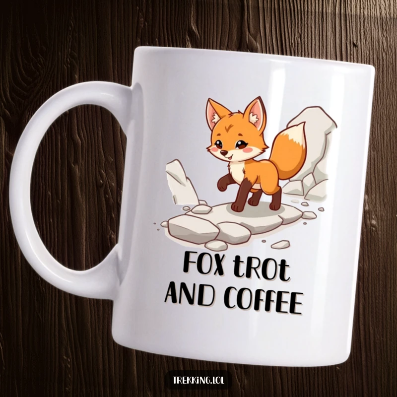 Funny fox cub mug, confidently striding along a rocky path with a cheerful and determined expression.